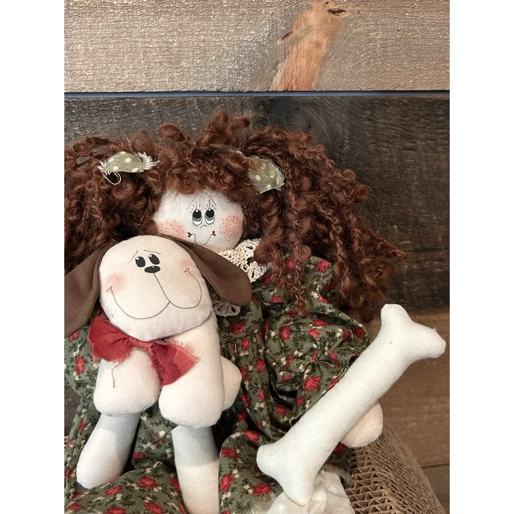 Vintage‎ Handmade Doll With Puppy & Bone Country Farmhouse